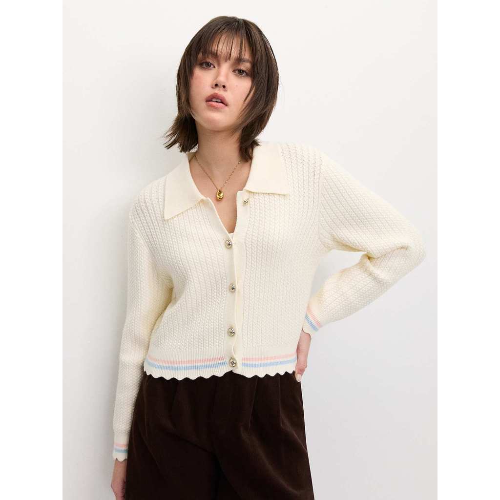 Pomelo. Lettuce Edge Knit Cardigan - Ivory