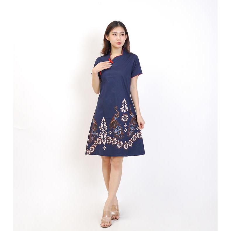 Batik Wanita Cewek Dress Batik Wanita Model Cheongsam Bahan Katun Stretch Motif Merak Warna Navy - D