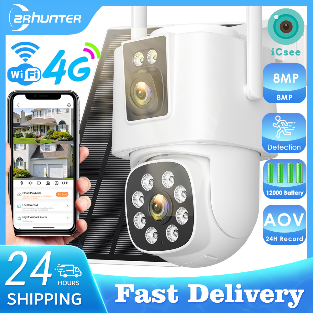 4G Solar Camera Outdoors Wifi PTZ IP Camera 8MP 4K HD CCTV Camera AOV 24 Hour Recording Human Ai