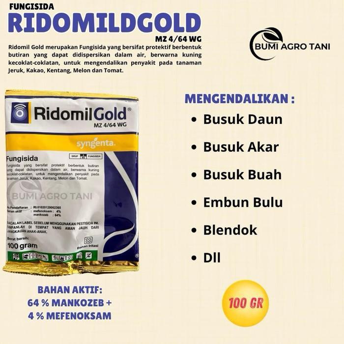 ` FUNGISIDA RIDOMIL GOLD MZ 4/64 WG 100GR BAHAN AKTIF: MEFENOKSAM 4% & MANKOZEB 64%