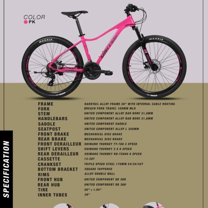 Sepeda Gunung MTB 26 inch United Venus 100 New rem cakram discbrake 3x8 speed shimano - PINK