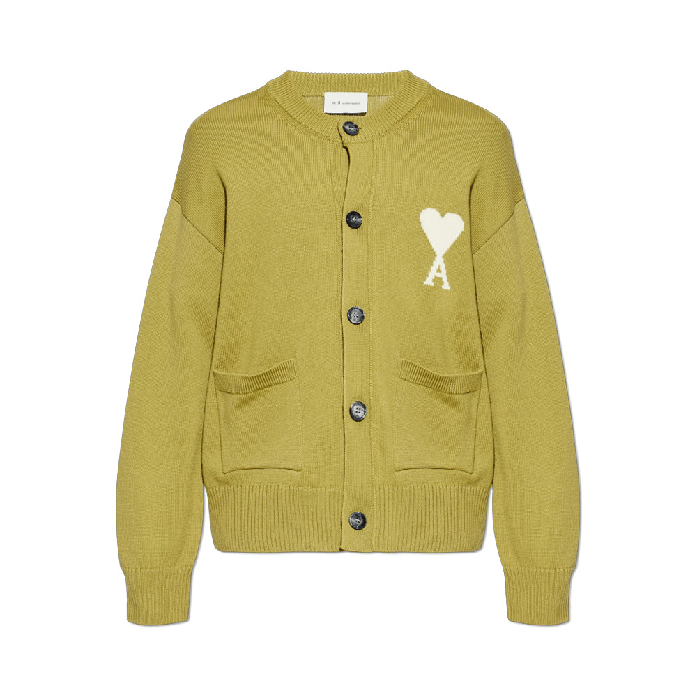 Ami De Coeur Wool Crewneck Cardigan Matcha/Off White