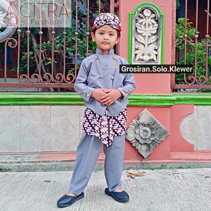 Premium Setelan Beskap Basofi Anak Blangkon Putih Bahan Katun Premium Full Furing Free Aksesories