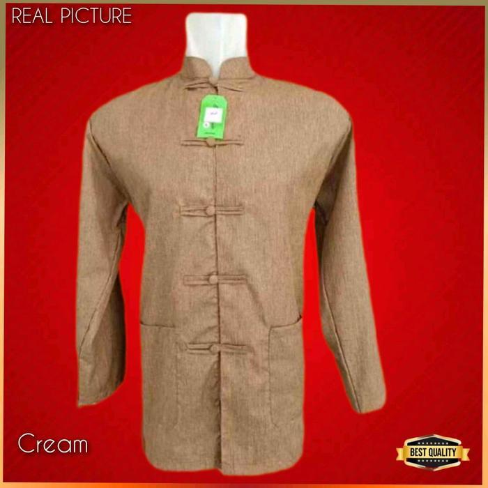 Kemeja Cheongsam Pria Baju Tradisional Cina Imlek Lengan Panjang Cream