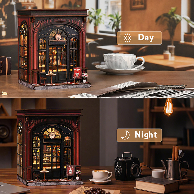 Handmade Miniature Retro Cafe Dollhouse Kit with LED Light 3D Wooden Puzzle Coffee Shop Model