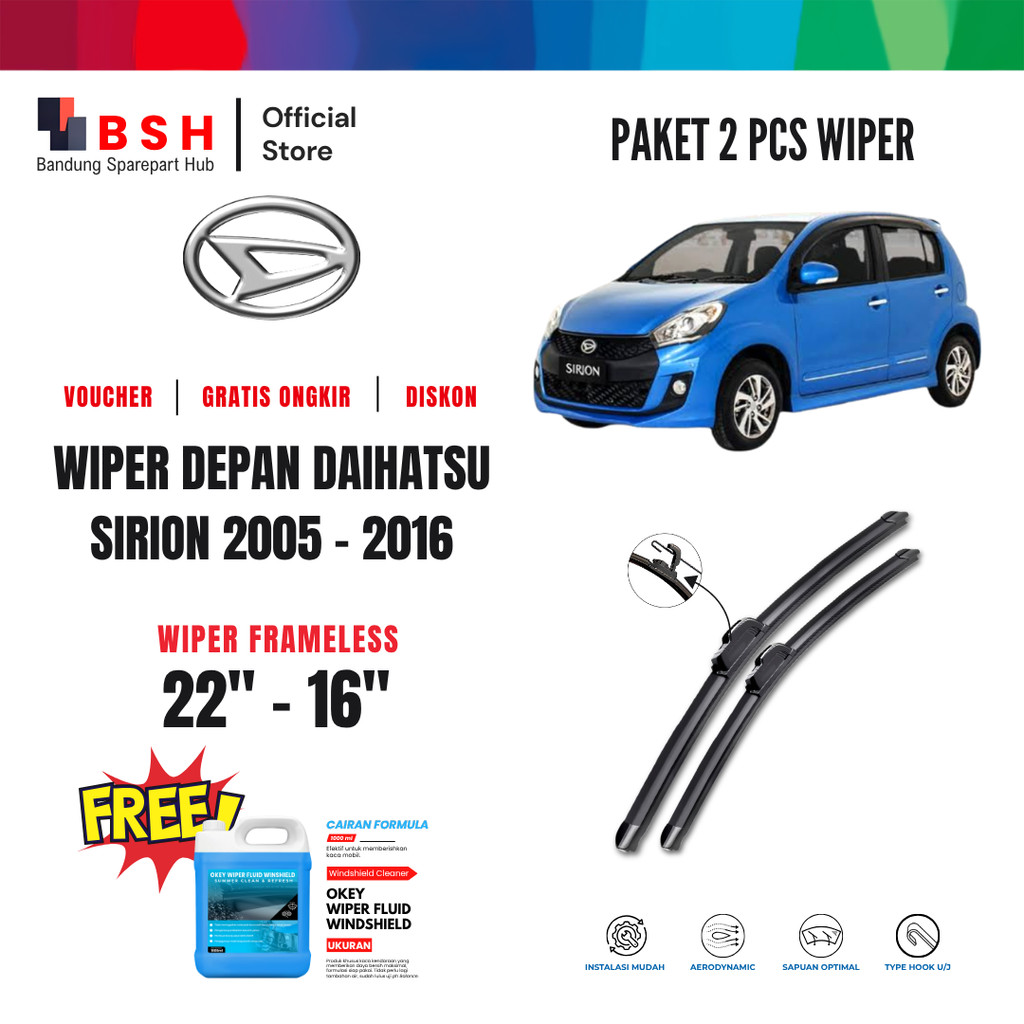 Wiper Daihatsu Sirion 2005-2015 Frameless Kaca Depan Mobil Free Wiper Fluid