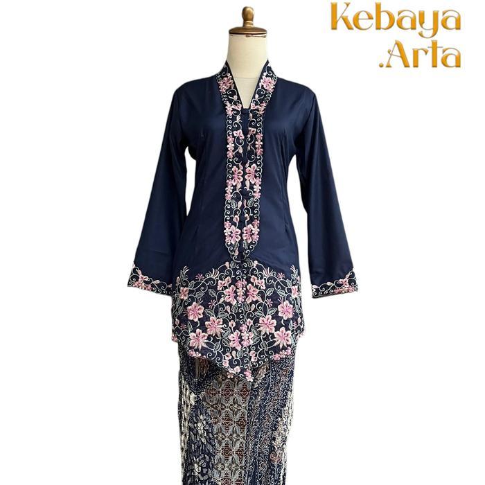 Set Kebaya Encim Modern Bordir Lengan Panjang Katun Toyobo Biru Navy Ukuran XXL