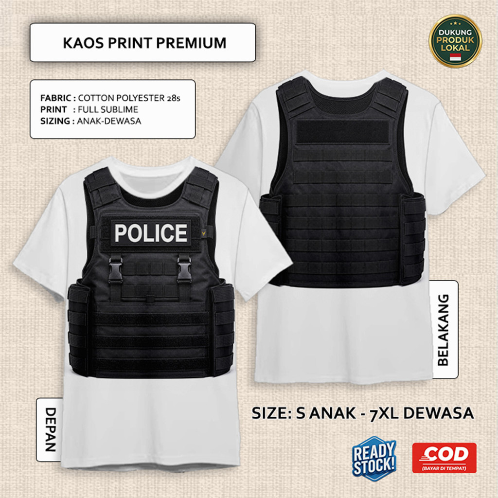 Kaos Rompi Polisi Satpam Parkir Damkar Tentara Proyek Model 2 Full Printing Keren | Baju 3D Anak dan