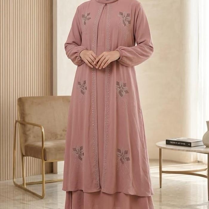 Gamis Abaya Aluna Simple Elegant Termurah Premium Payet Swaroski Resleting Depan Busui Kerah Karet