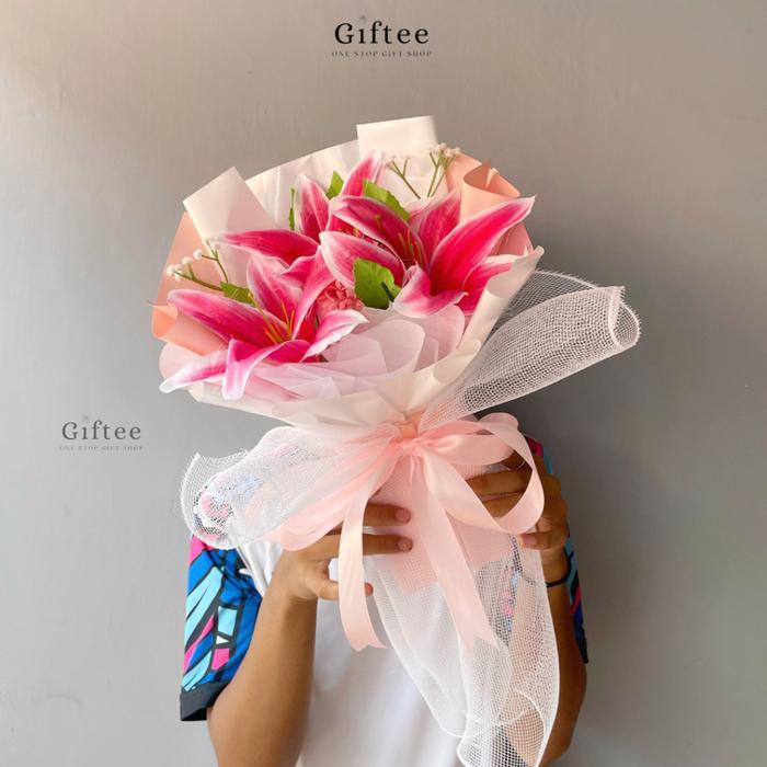 Buket Bunga Valily Flower Bouquet Artificial Bucket Palsu Buatan Awet Lily White Pink Korean Style