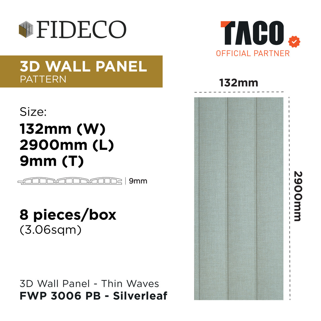 TACO FIDECO WPC 3D Wall Panel Thin Waves Motif Pattern Per 1 Lembar - FWP 3006 PB Silverleaf