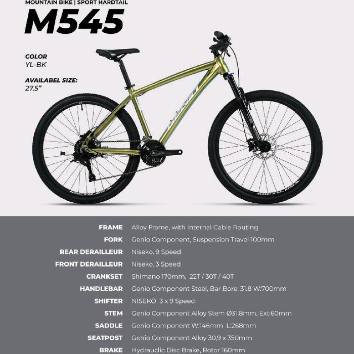 Genio Sepeda Gunung M545 27.5" 27 Speed 3x9 Alloy Frame Fork Suspension 100mm Niseko Derailleur Cran