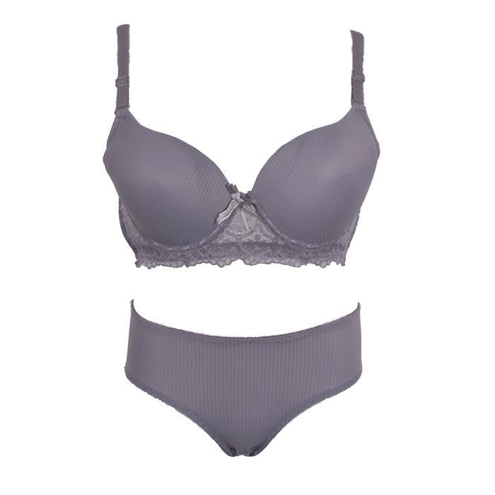 Set Bra dan Celana Dalam Wanita Model Brukat dengan Pita, Ukuran 38B, Warna Abu