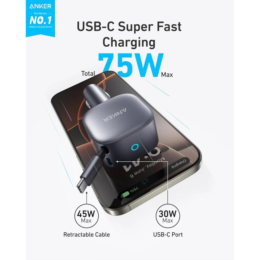 Anker Usb-C Car Charger 75W Max Ultra-Compact Type-C Fast Car Charger With Built-In Retractable