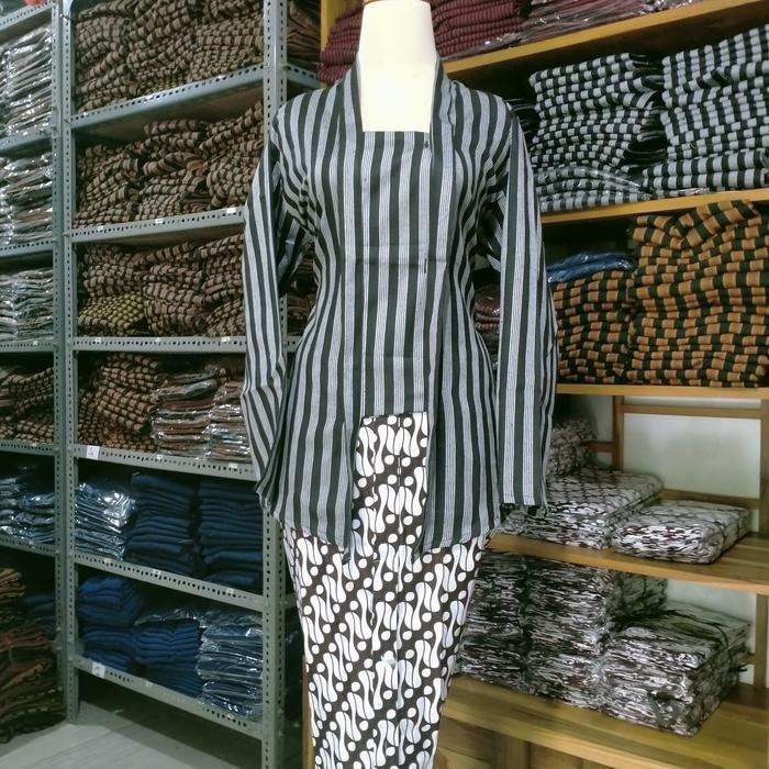 TERMURAH Set Kebaya Tenun Lurik Wanita AJawa Surjan Tradisional - Hitam Hijau Biru Cokelat Motif