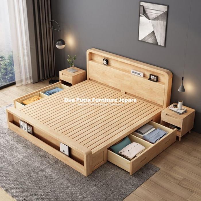 Dipan tempat tidur minimalis kayu jati 4 laci + 2 meja samping tempat tidur