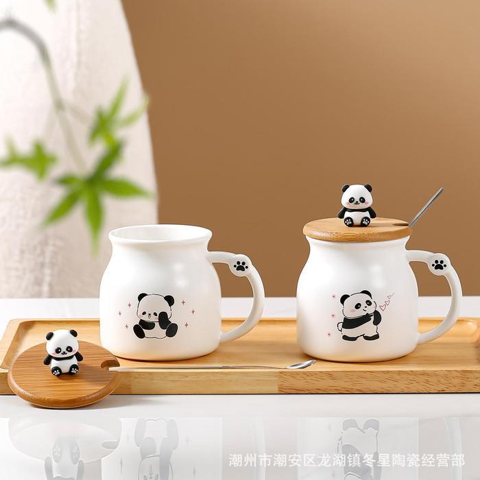 Mug Keramik Kucing dengan Tutup Kayu / Cangkir Keramik Cute Kucing