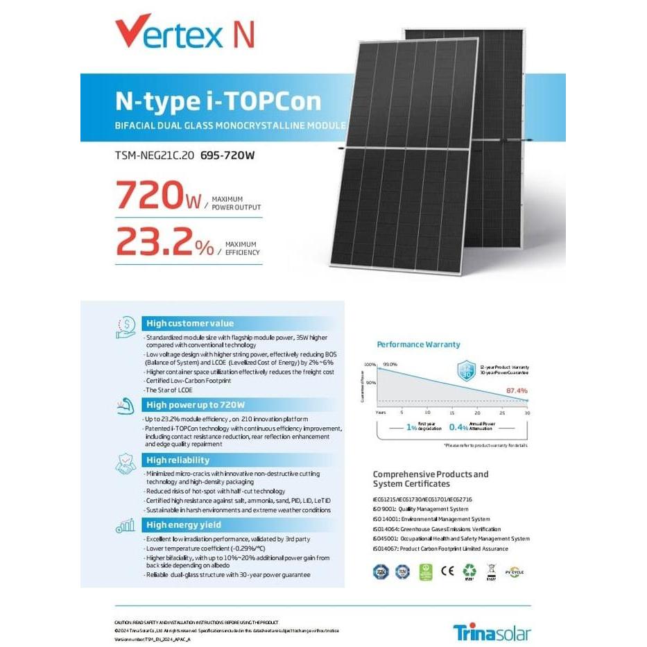 Panel Surya Trina Solar 500Wp 575Wp 620Wp 665Wp 720Wp 830Wp Monocrystaline Perc Half Cell Mbb High