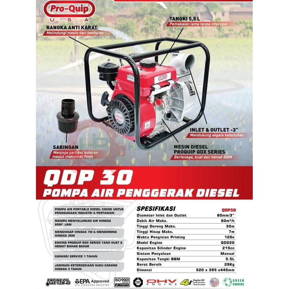 PRO-QUIP Water Pump Diesel QDP-30 Mesin Pompa Air Penggerak Diesel Solar 3" Inch QDP 30 Mesin Pompa 