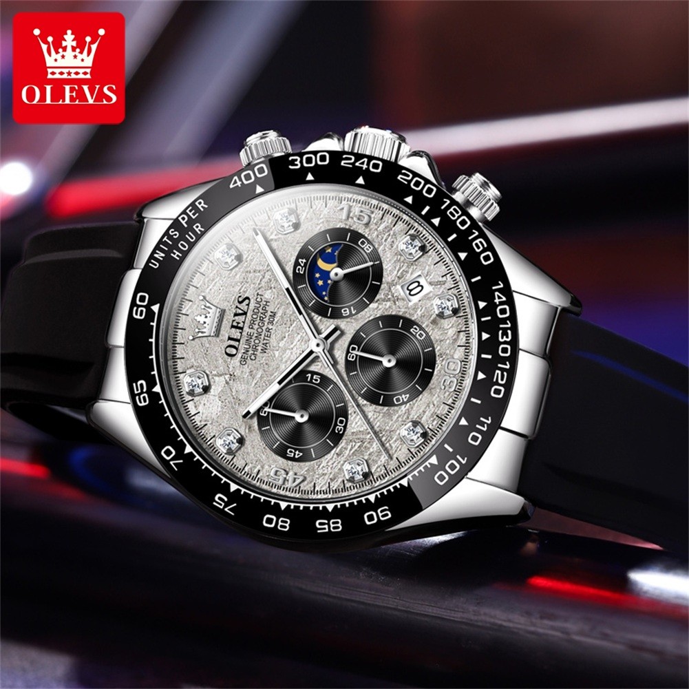 OLEVS 2875 Quartz Watch for Men Original Luxury Brand Silicone Strap Chronograph Auto Date