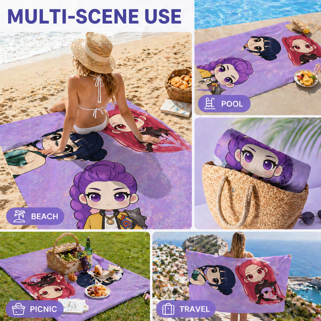 Trendy Kpop Style Chibi Girls Beach Towel Flat Print Cute Idol Microfiber Bath Towels for Fans