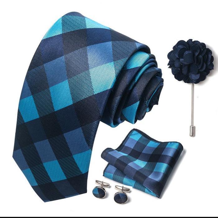 Promo Kiama - Dasi Set Formal Batik Biru Muda Sky Biru Navy Dongker Biru Tua Cufflink Saputangan Jas