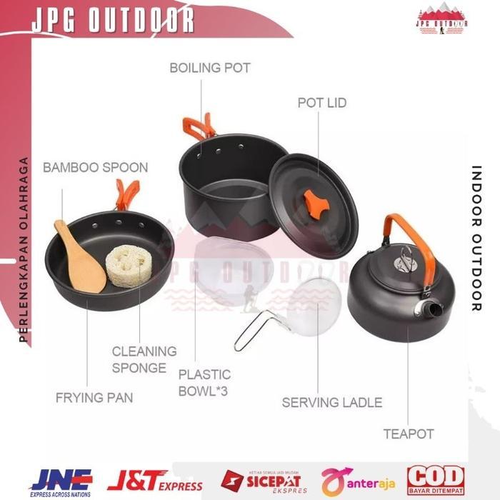 Lwy Cooking Set Ds 308 Plus Kompor Kembang Outdoor Portabel 2 Panci 1 Teko 1 Kompor Bahan Teflon