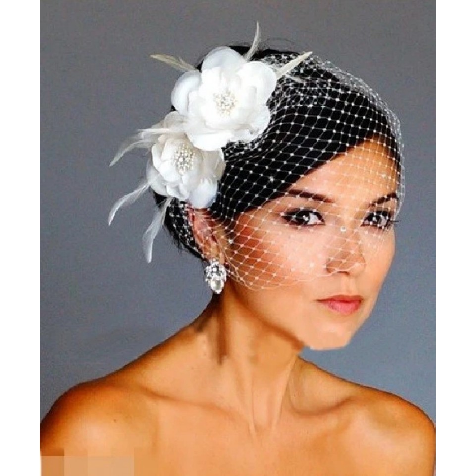 Lace Birde Cage Wedding Flower White Veil Face Short Feather Birdcage Netting Vintage Fascinator