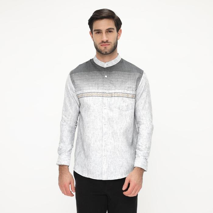 Vanfive Pria Koko Kemeja Koko Pria Lengan Panjang Motif Songket Bahan Katun Linen Warna Abu Silver -