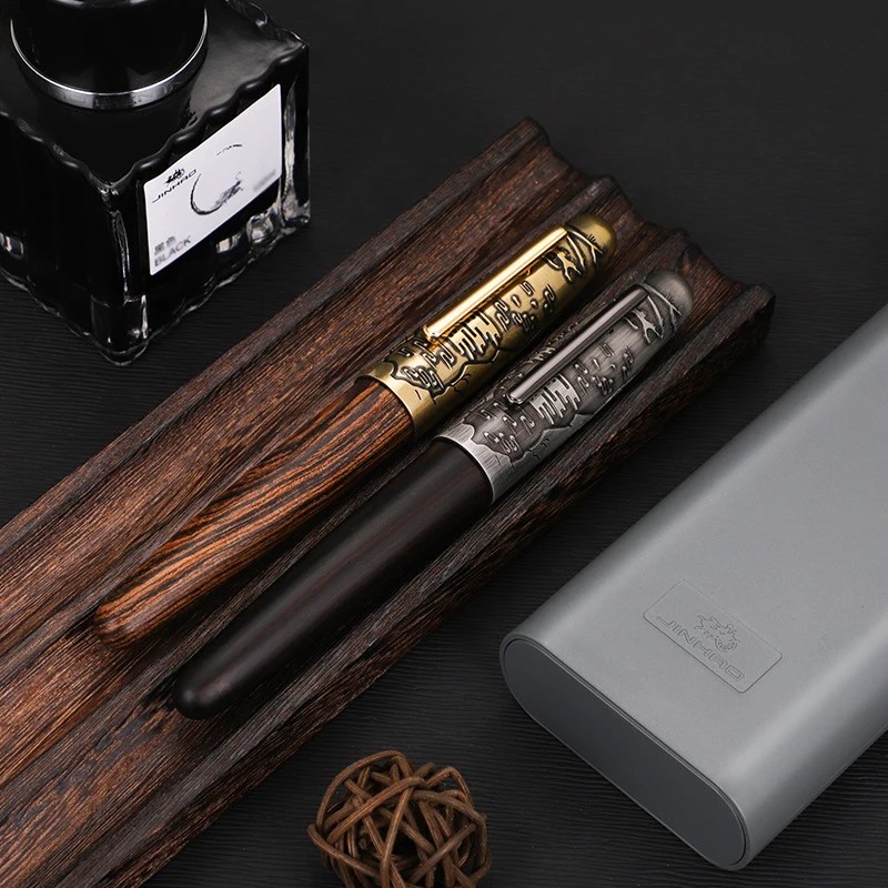 Jinhao 9056 Tiger Embossed Classique Fountain Pen Fine Nib Handmade Wooden And Metal Writing Office