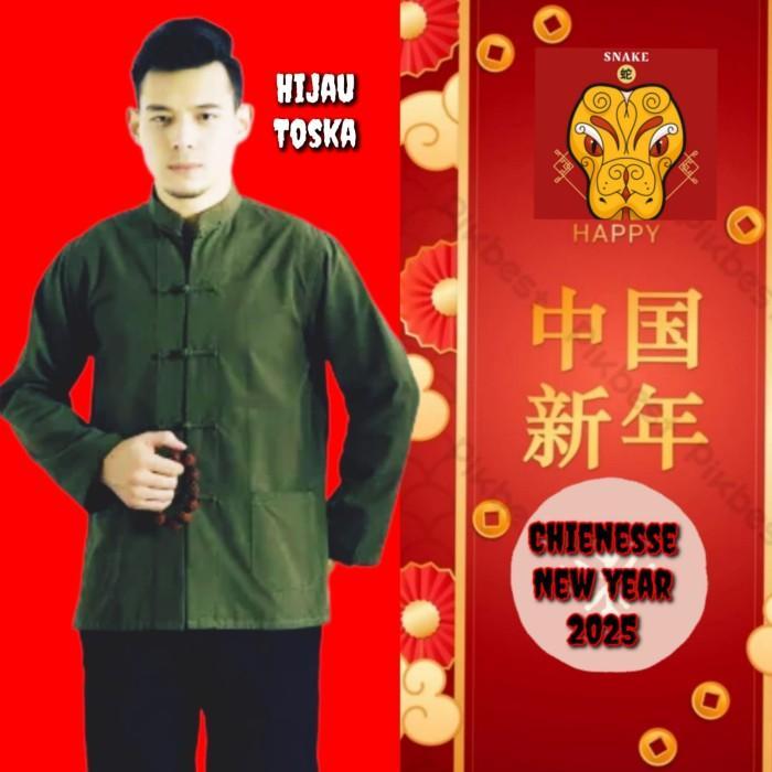Baju Kemeja Cheongsam Pria Atasan Imlek Qipao Sincia Congsam Hijau