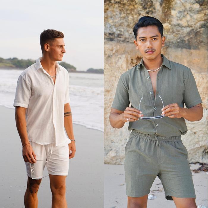 Beachwell Setelan Kemeja Linen Pria Lengan Pendek Canggu Series Paket Satu Set Celana + Kemeja