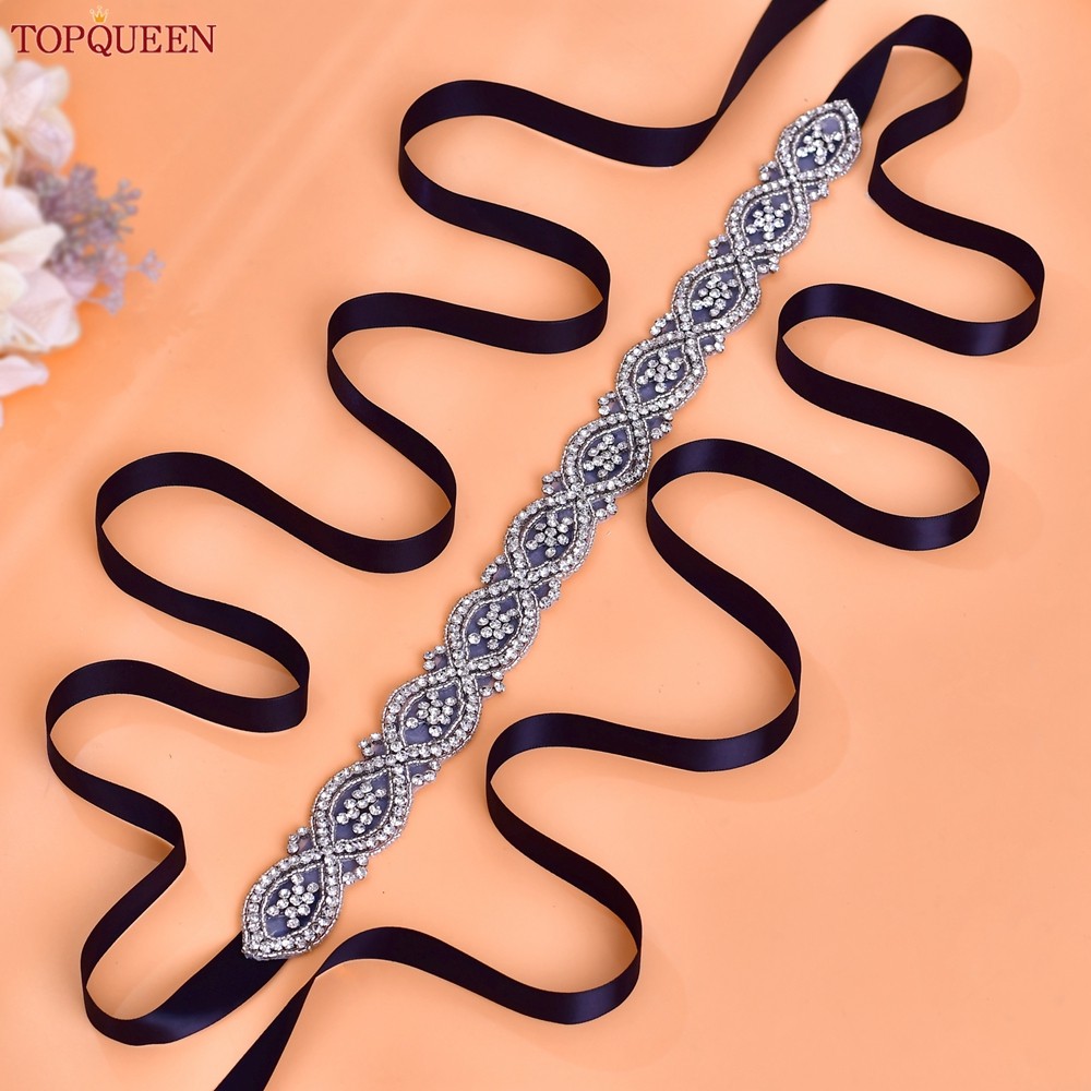 TOPQUEEN Bride Dress Belt Silver Crystal Applique Shiny Wedding Accessories Woman Party Evening Gown