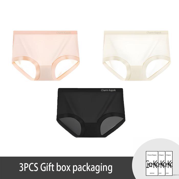 Charm Kapok Dalam Celana Dalam Wanita Benang Sutra Es Low Waist Mulus Tanpa Jahitan 3Pcs - Hitam+Pin