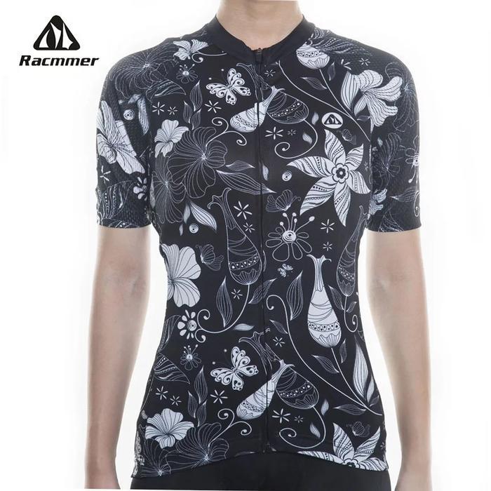 Jersey Balap Sepeda Wanita Lengan Pendek Hitam Motif Bunga - S
