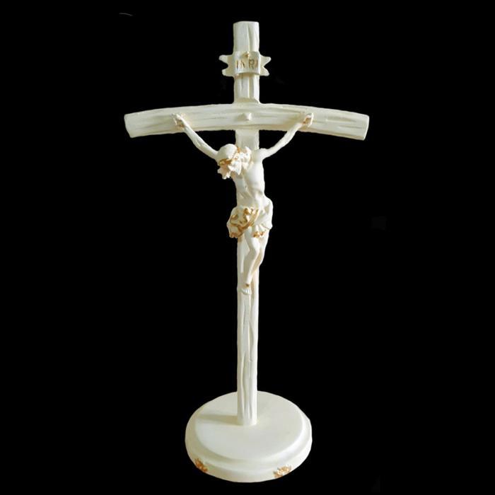 Salib Duduk Resin Motif Kayu Putih Lis Gold Emas 34cm Salib Meja Katolik Yesus
