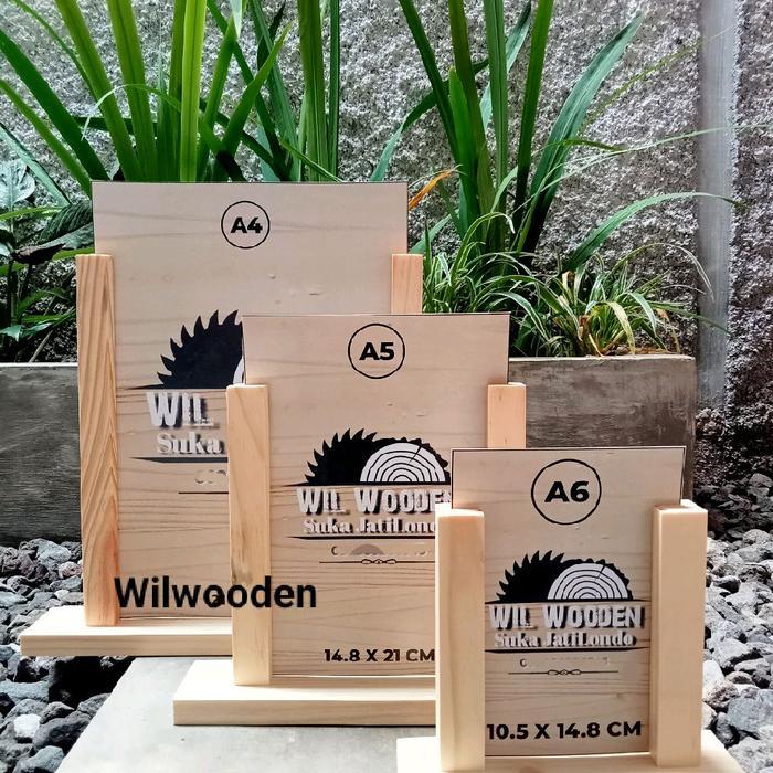WILWOODEN STANDING MENU CAFE TEMPAT KODE QRIS STAND MULTIFUNGSI KAYU JATI BELANDA SOLID A4 A5 A6