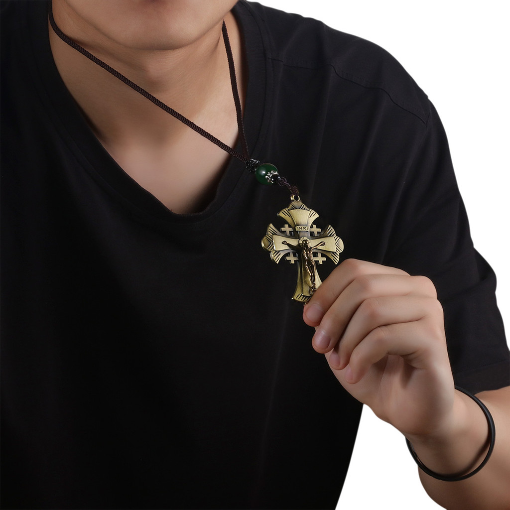 INRI Jerusalem Crucifix Jesus Pectoral Cross Pendant Necklace Braided Rope Chain Necklace Orthodox