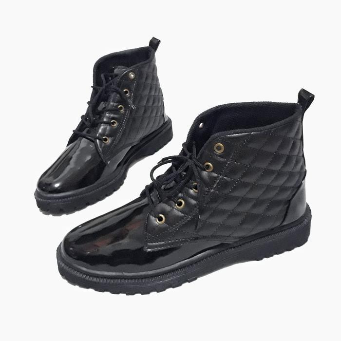 Jukasih boot wanita Sepatu Boot Wanita Bahan Kulit Sintetis Glossy Sol Karet Tinggi 37 wanita CHANEL
