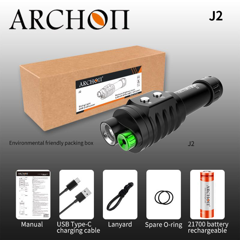 ARCHON J2 1000LM 6500K Diving Flashlight White & Green Beam Light 100M Underwater Dive Torch with