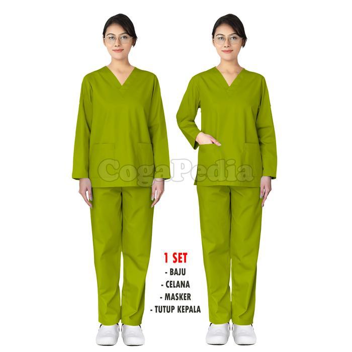 Seragam Medis Lengan Panjang Bahan Katun Drill Warna Hijau Lemon Ukuran S