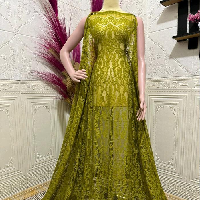 Kain Brokat Metalik Motif Juntai Warna Olive Lembut Tidak Berbulu Ukuran 2,5 x 1,4 Meter