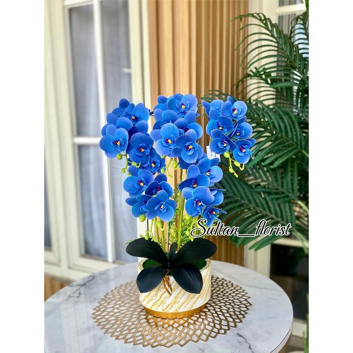 ANGGREK LATEX 5 CABANG 35 KUNTUM SATU SET DENGAN VAS MARBLE /BOLA Bunga - Biru