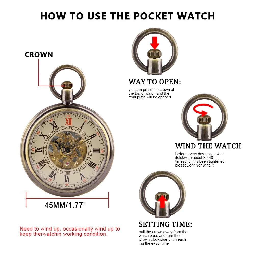 Open Face Roman Numerals Display Automatic Pocket Watch Bronze Metal Case Retro Punk Pendant Self