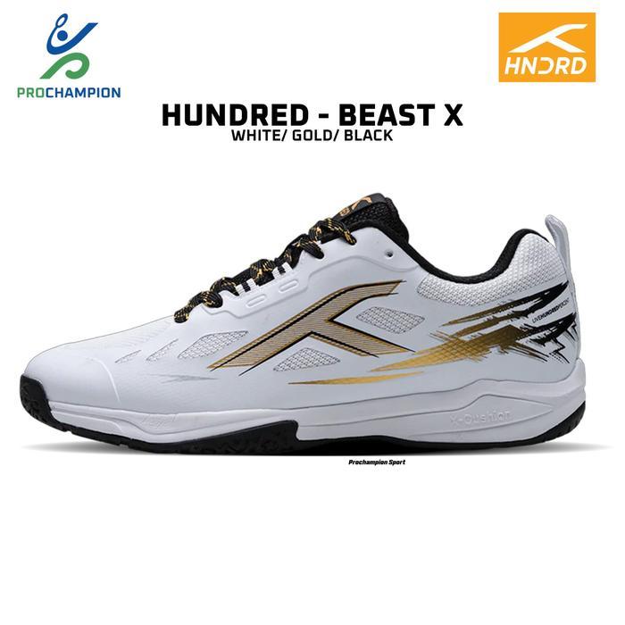 Badminton Hundred BEAST Sepatu Badminton dengan Upper Aero Mesh dan TPU Warna Putih Emas Hitam Ukura