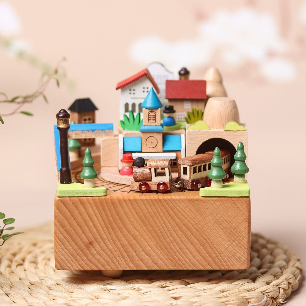 Wooden Rotating Music Box Ornament Spirited Away Township Time Train Birthday Christmas Gift Home