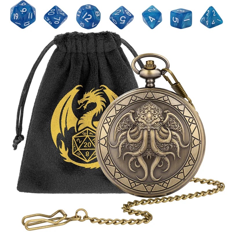 Bronze Winged Cthulhu Pattern Pocket Watch Case Pendant Chain 7pcs/set Tiny Size Acrylic Polyhedral