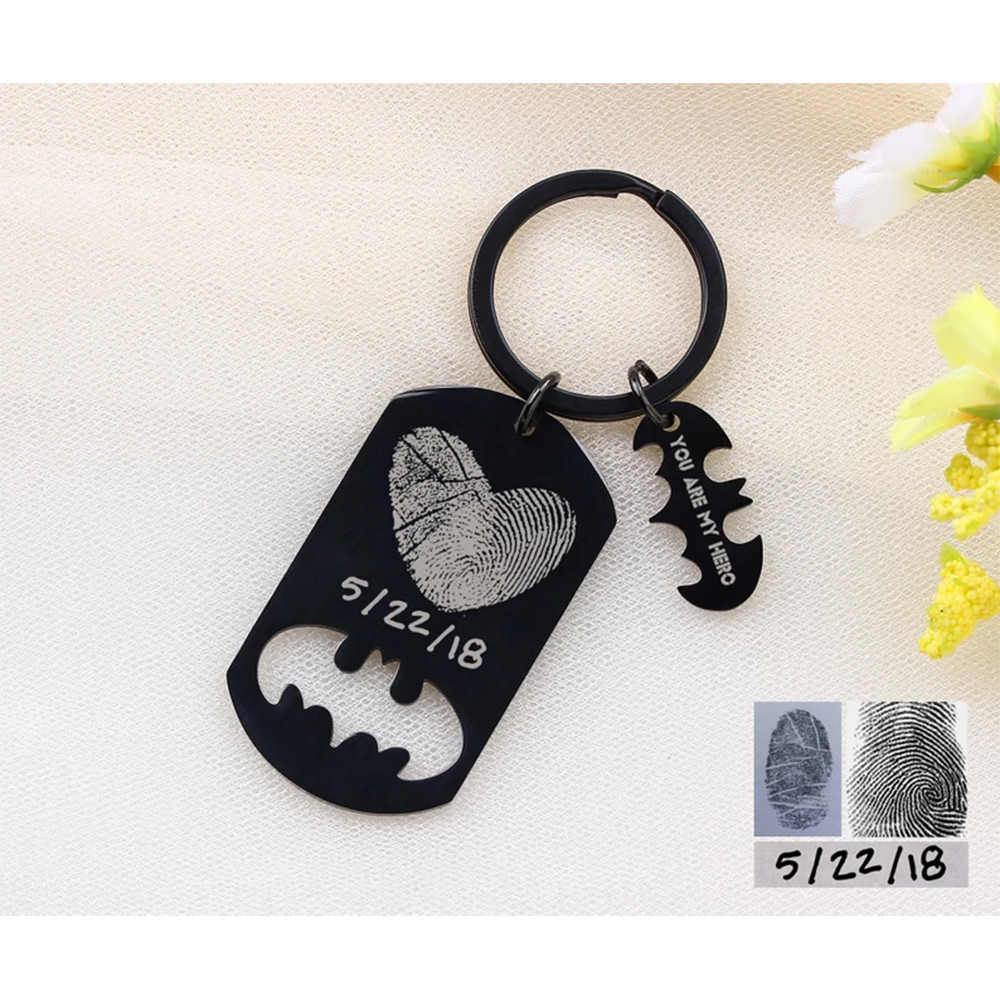Stainless Steel Custom Handwriting Rectangular Keyring, Small Bat Keychain, Custom Photo Keychain