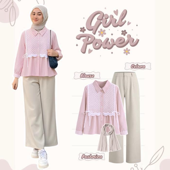 Promo One Set Remaja Kekinian (Blouse Korea Style + Celana Loose Pants + Pashmina) OOTD One Set