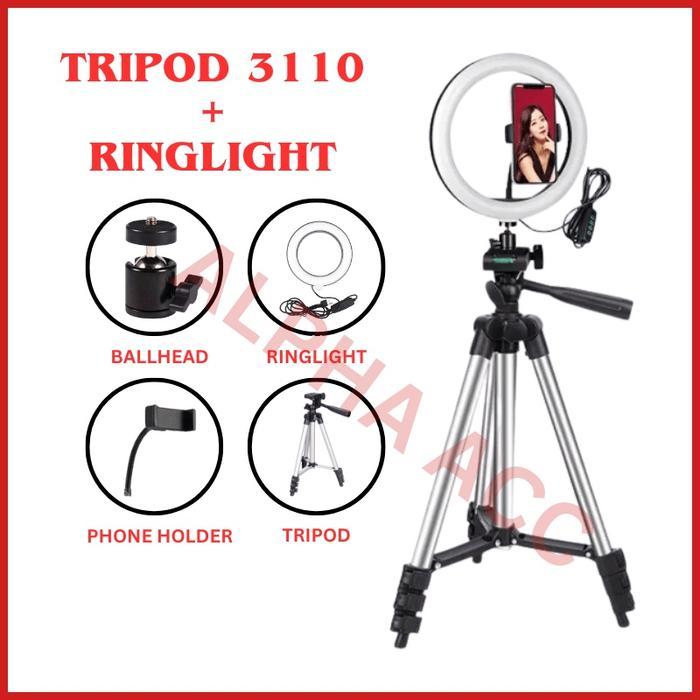 [PAKET] RINGLIGHT 26 CM + TRIPOD 1 METER SILVER 3110 TRIPOD KAMERA HANDPHONE DLSR FOTOGRAFI
